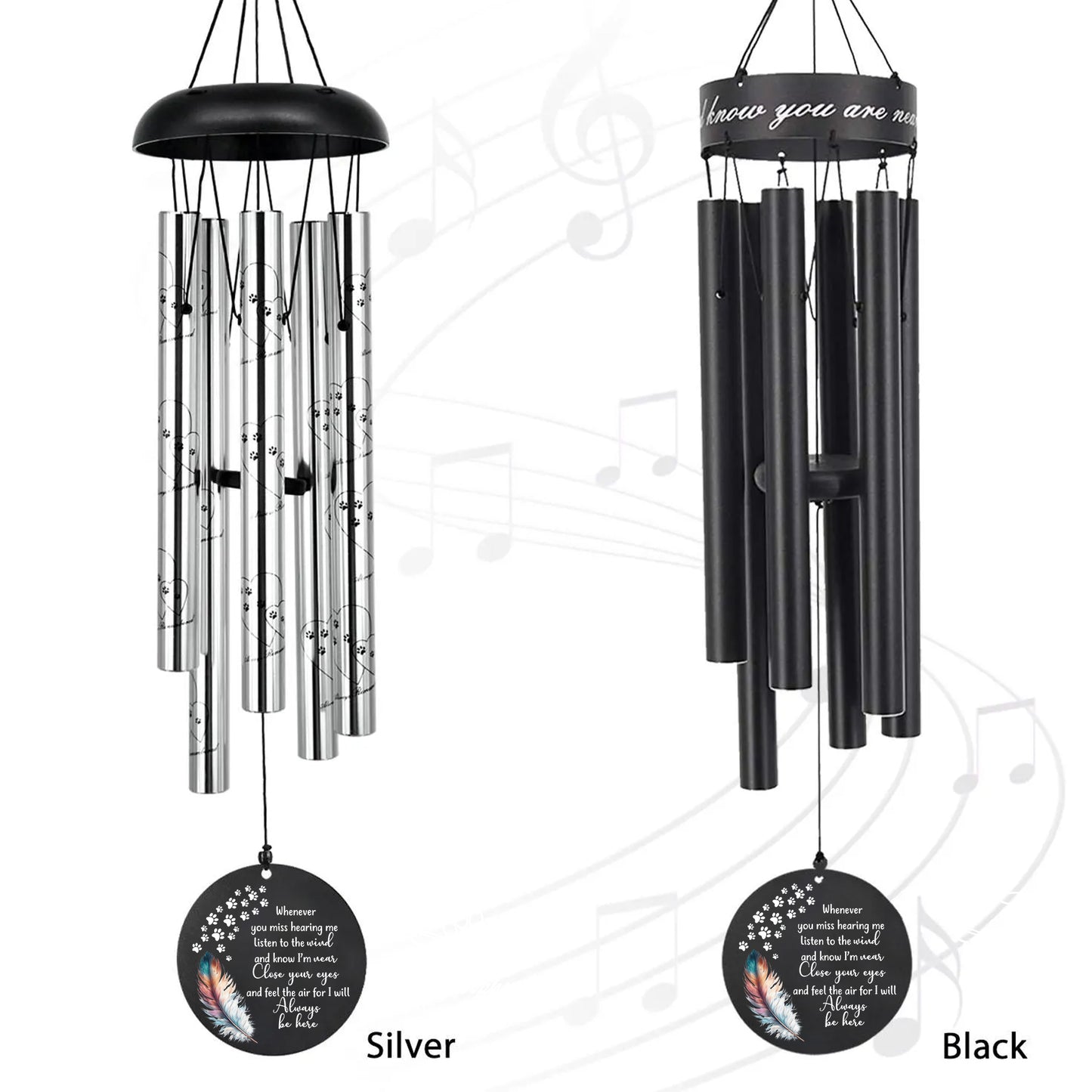 The anodized aluminum wind chimes are available in silver and black colors