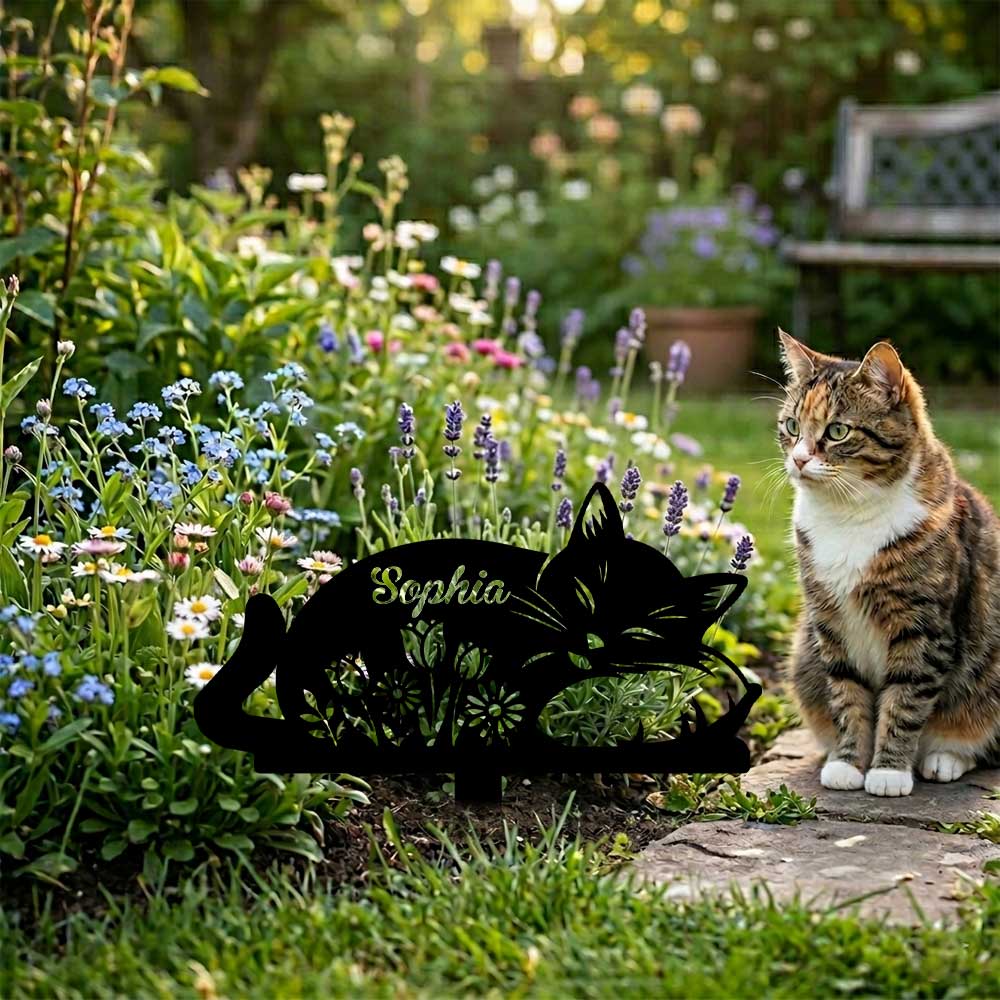 Personalized Sleeping Cat Metal Garden Stake|Custom Cat Name Sign Yard Art|Made in USA Metal Sign 12"-28"