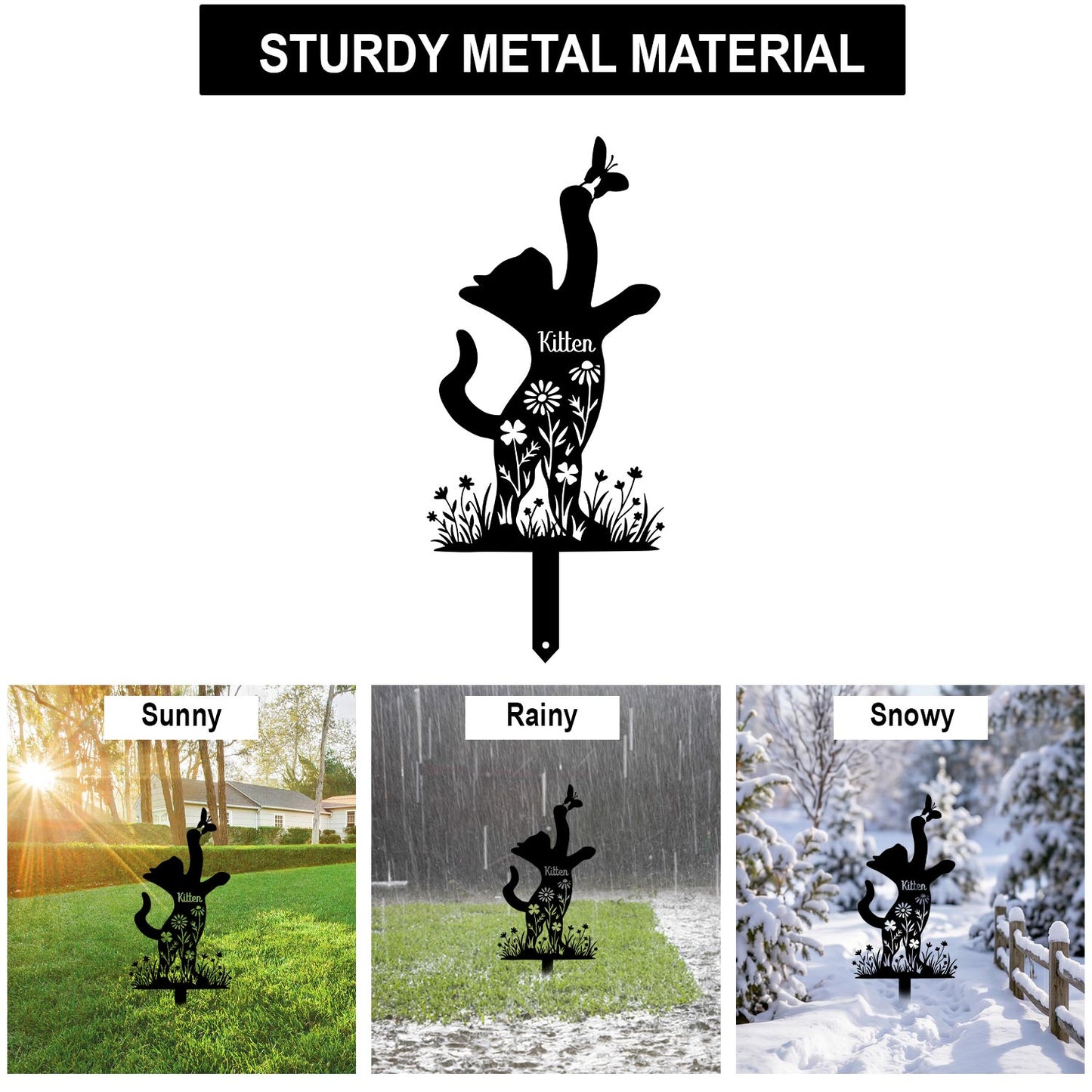 Personalized Playful Cat Metal Yard Stake-Custom Kitten Butterfly Garden Art-Heavy Duty Steel Made in USA