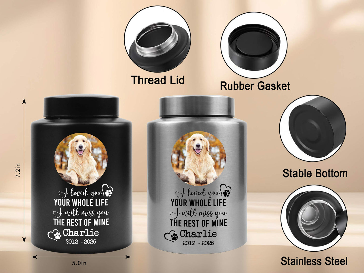 Custom Pet Cremation Urn with Photo for Dog Ashes-"I Loved You Your Whole Life"Large Stainless Steel Ashes Holder