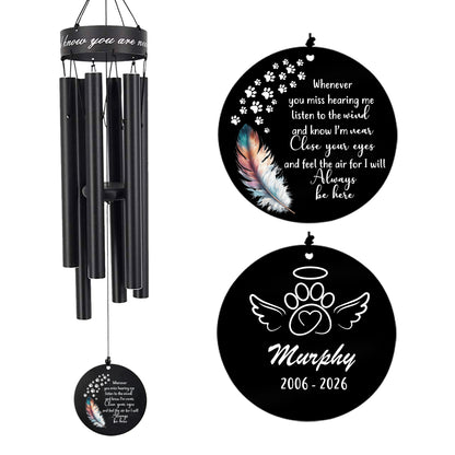 30" Dog Memorial Wind Chimes for Outdoor Pet Memorial Corner-Custom Name Date with Feather Claw Marks-Black Sliver