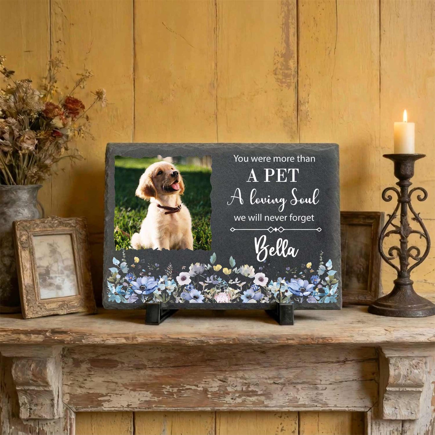 Personalized dog memorial stone slate plaque with custom photo and stand.