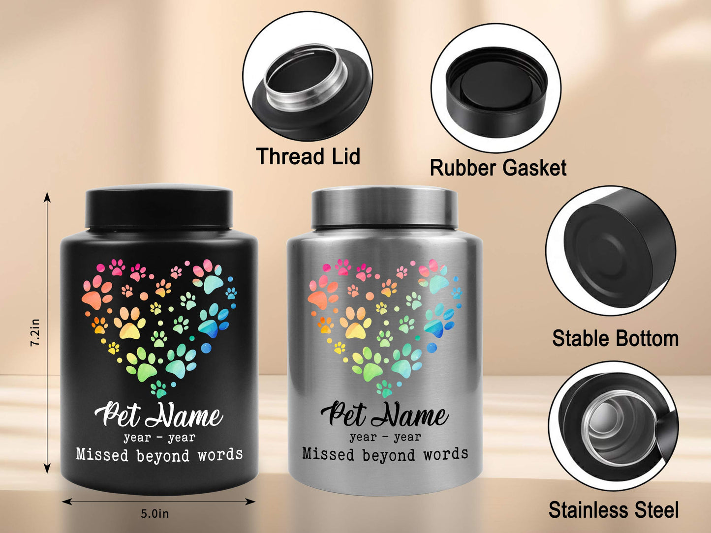 Personalized Pet Urn for Dog or Cat Ashes-Custom Pet Memorial Cremation Urn with Rainbow Heart Paw Prints-7.2"