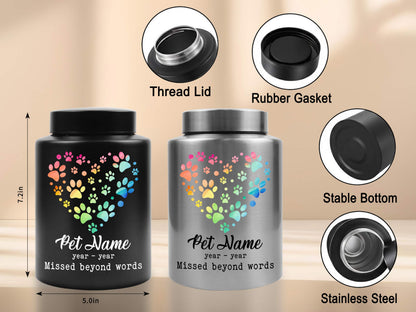 Personalized Pet Urn for Dog or Cat Ashes-Custom Pet Memorial Cremation Urn with Rainbow Heart Paw Prints-7.2"