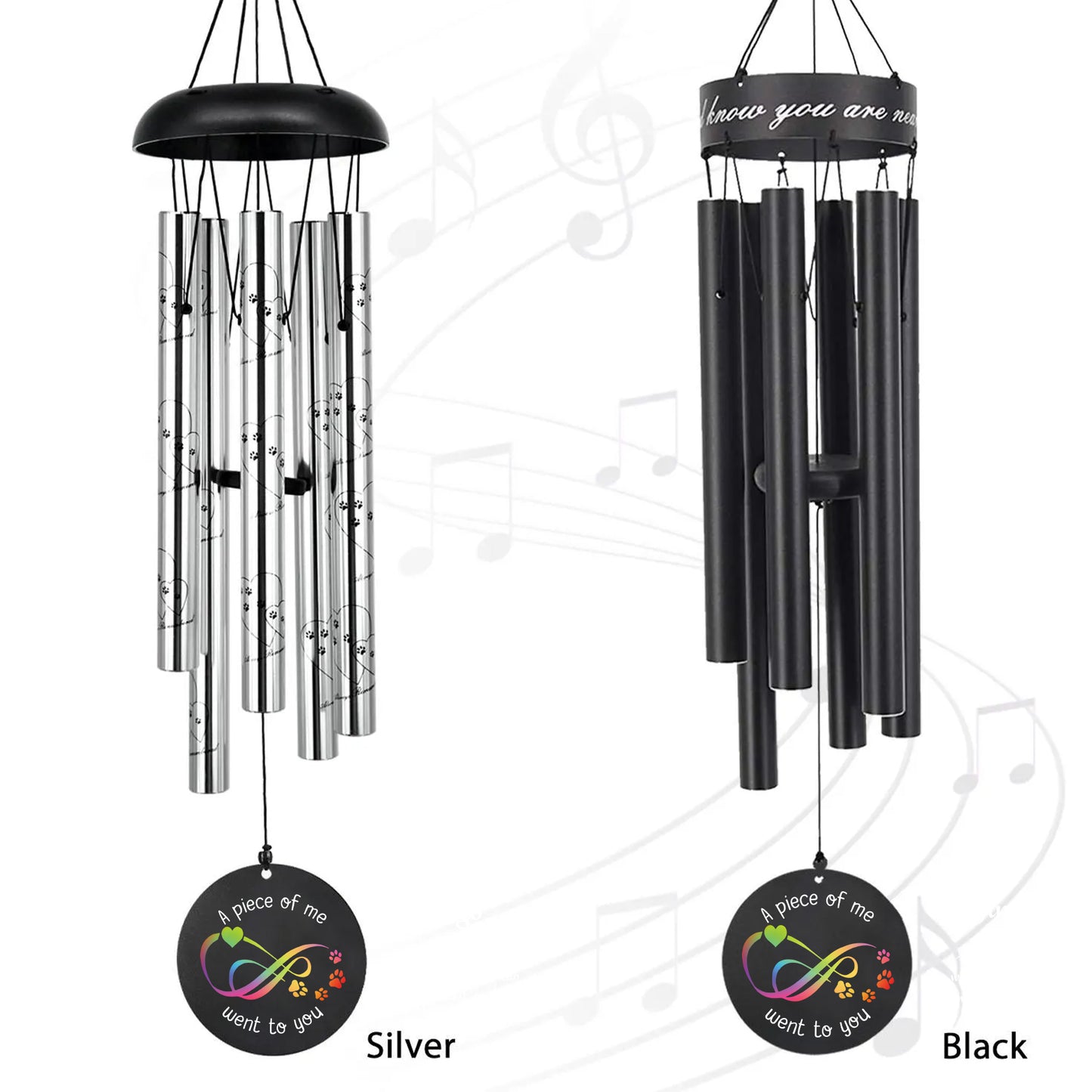 Two pet wind chimes in silver and black colors
