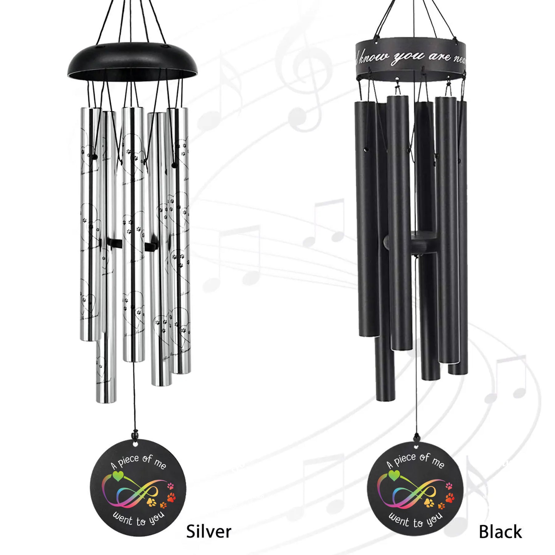 Two pet wind chimes in silver and black colors