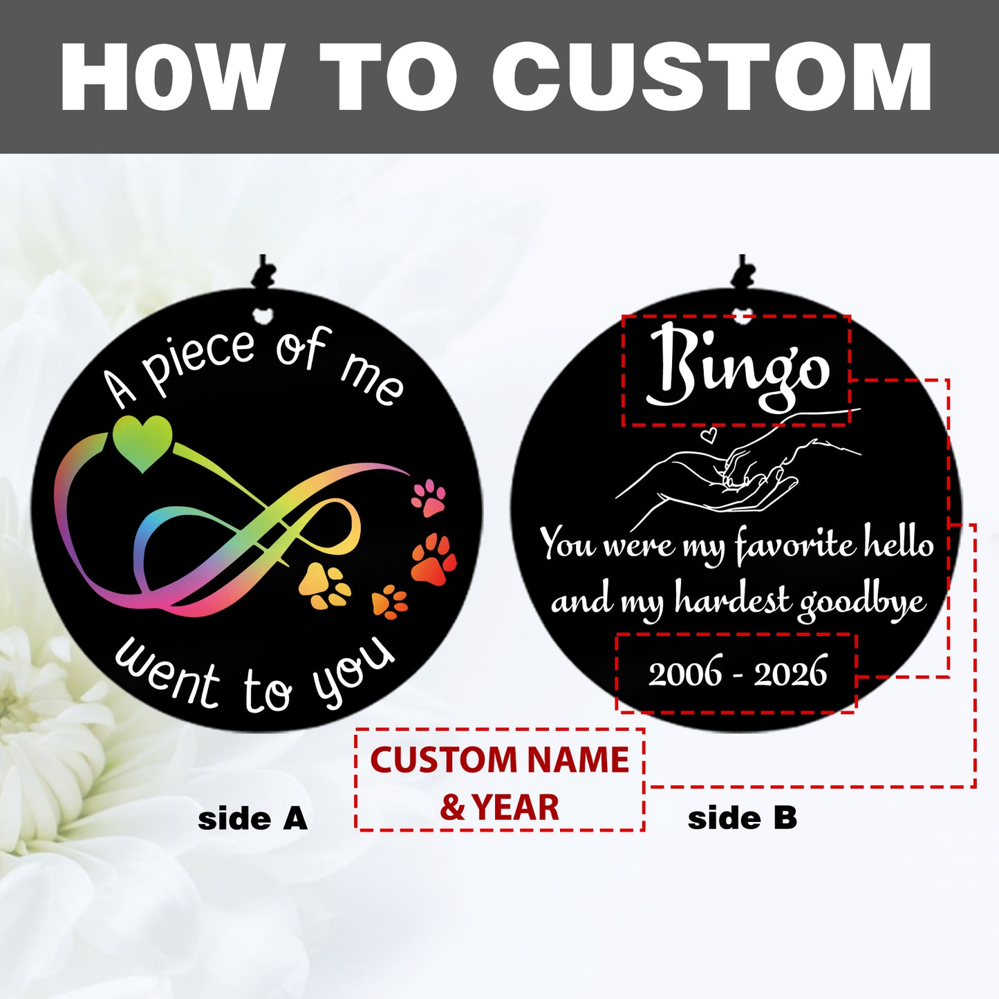 Personalized wind chime with an infinity symbol and dog paws