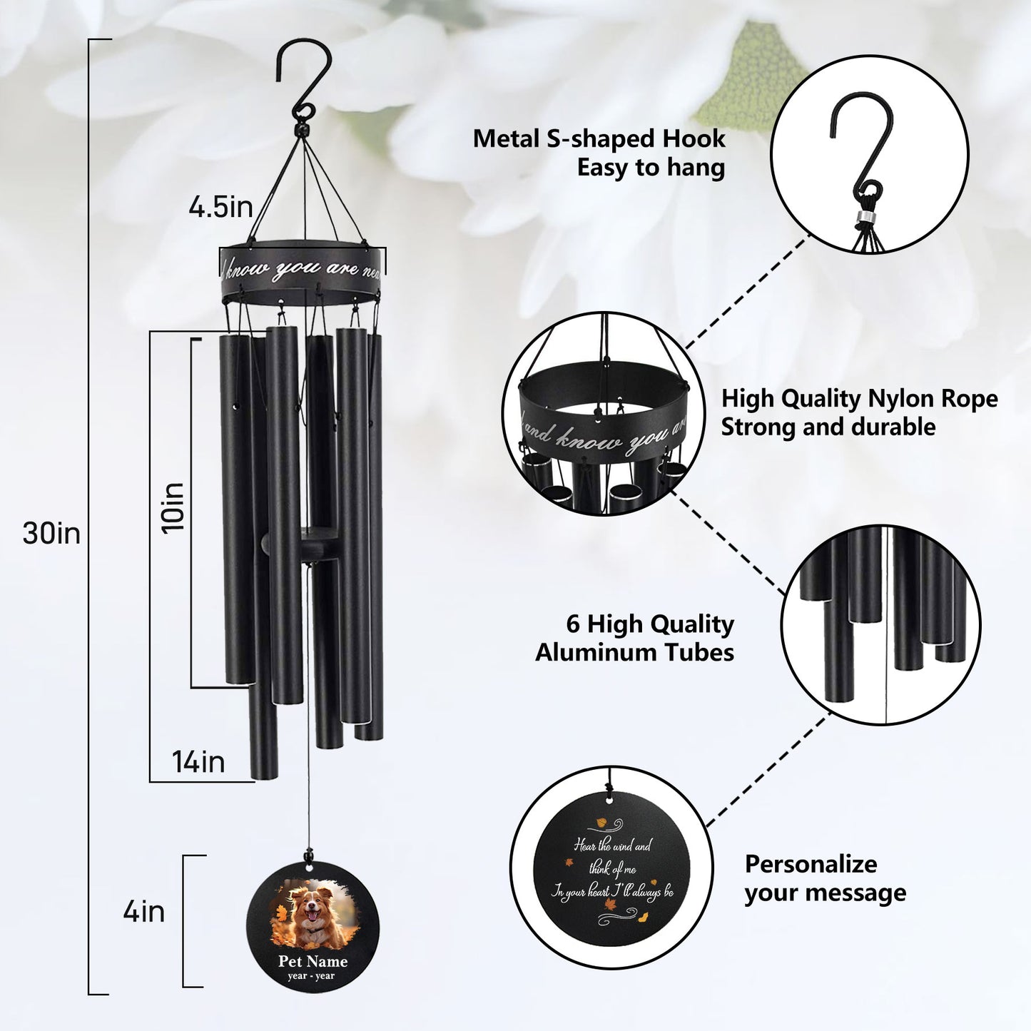 30-inch high-quality 6-tube wind chime with S-hook and engraved top cover