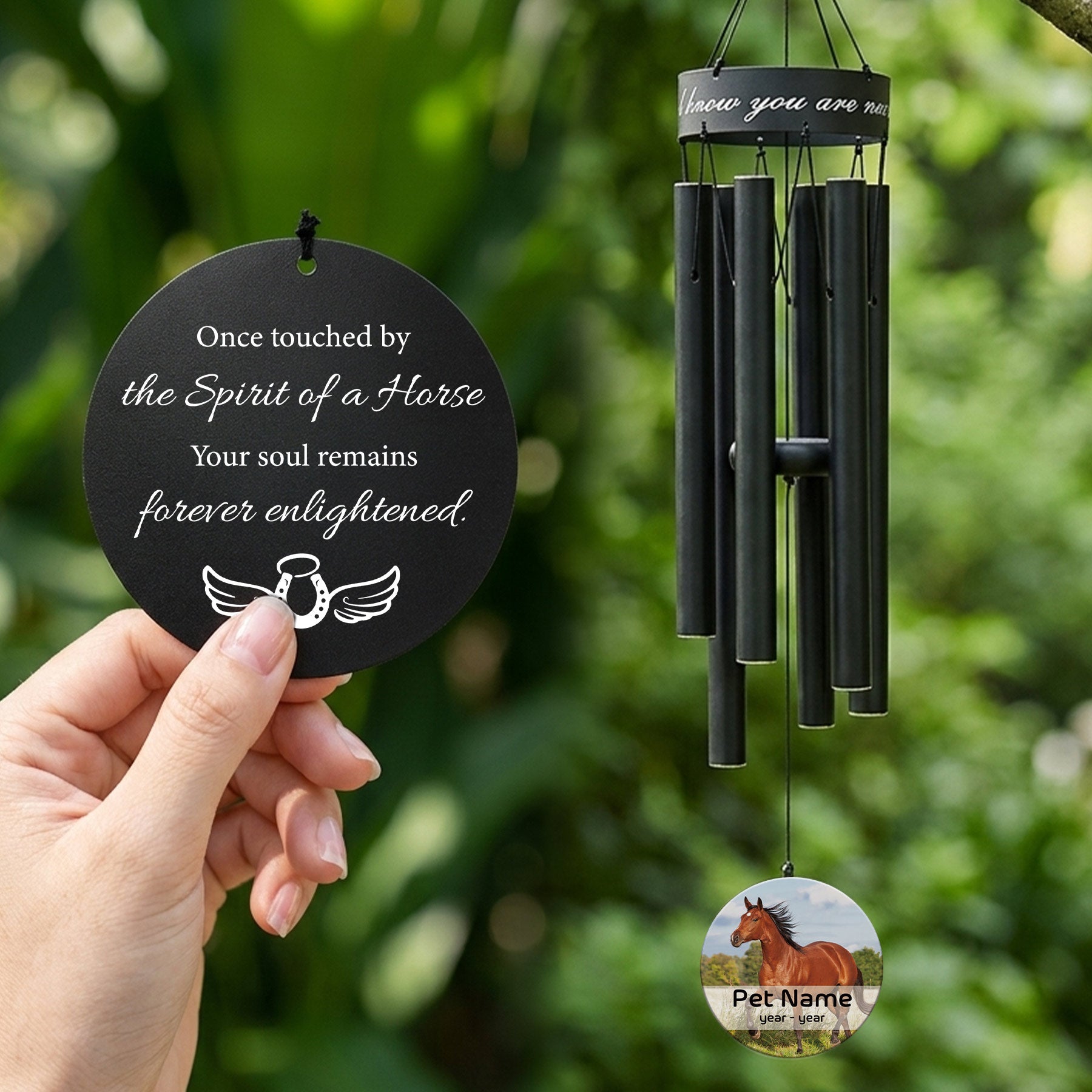 Listen to the wind. The wind chime's sail has designs on both sides, creating a pet memorial wind chime