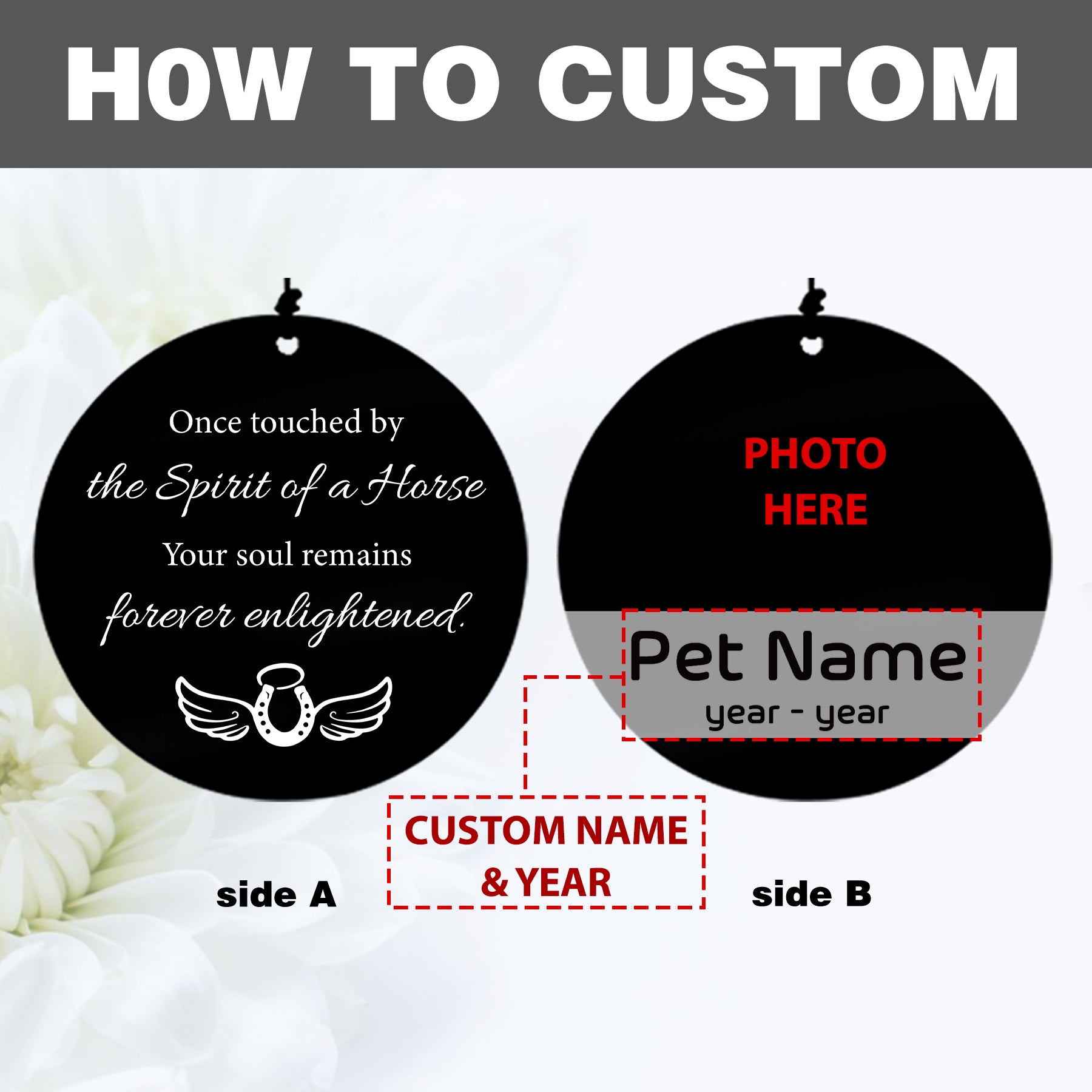 Customized photos, names, and dates for memorial wind chimes, featuring horse hoof designs