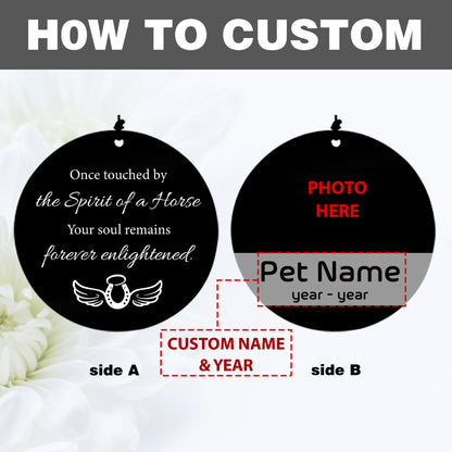 Customized photos, names, and dates for memorial wind chimes, featuring horse hoof designs