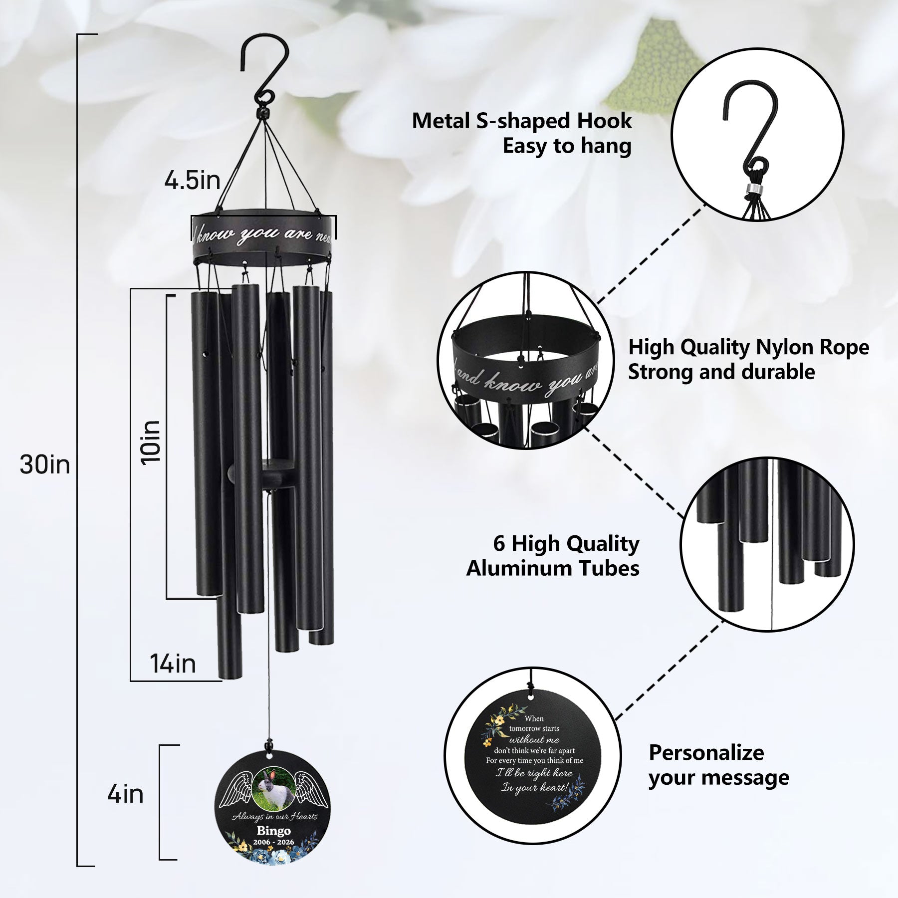 High-quality wind chimes feature metal S hooks and are made of anodized aluminum tubes, which are waterproof and wind-resistant