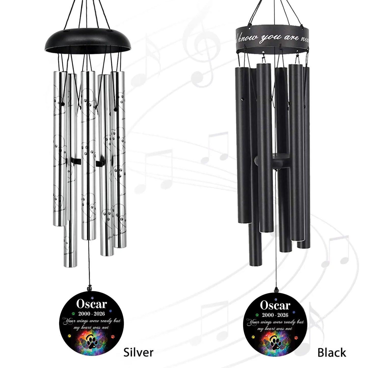Black Slver 2 Color Wind Chimes Deep Tone Pet Memorial Winechime for loss of dog cat