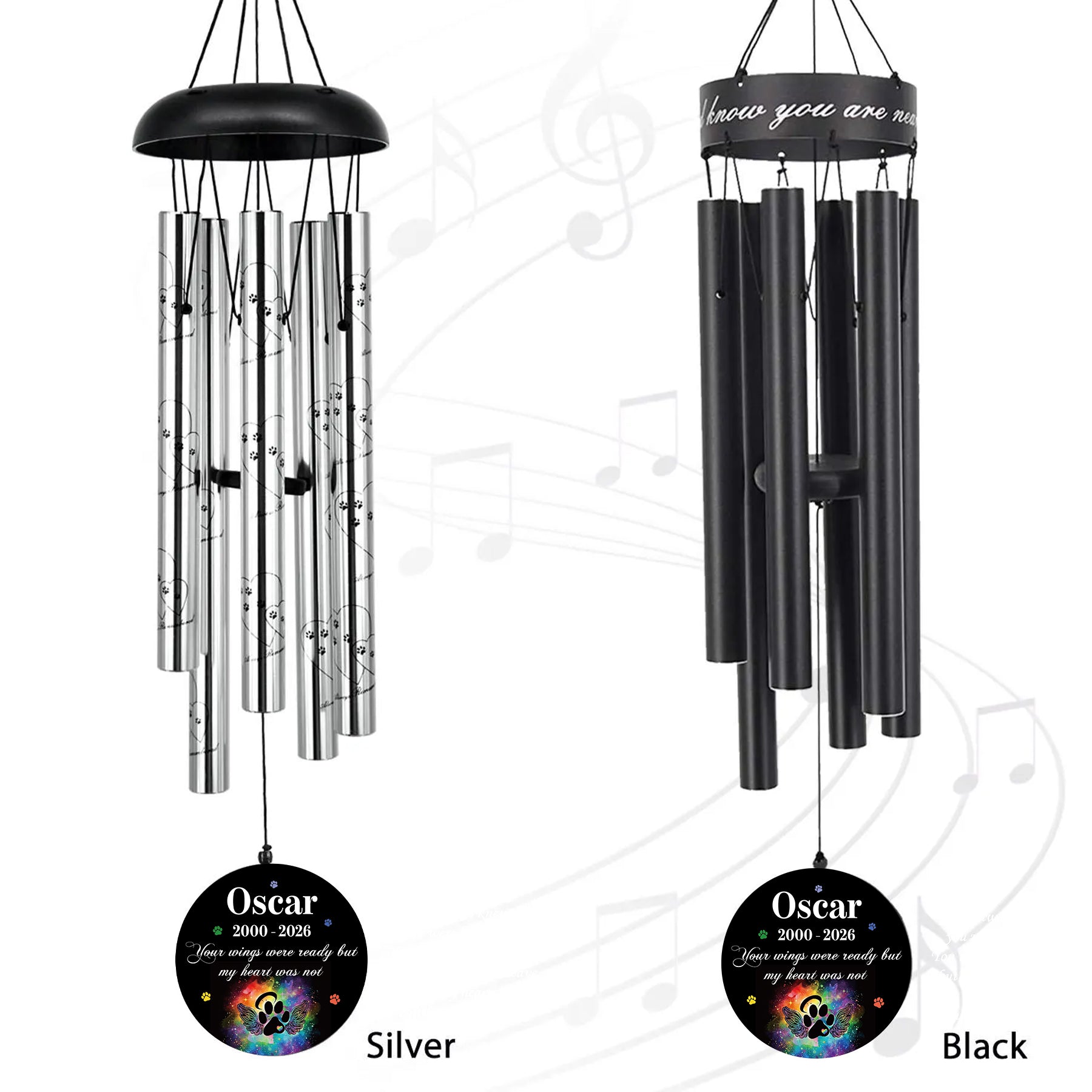 Black Slver 2 Color Wind Chimes Deep Tone Pet Memorial Winechime for loss of dog cat