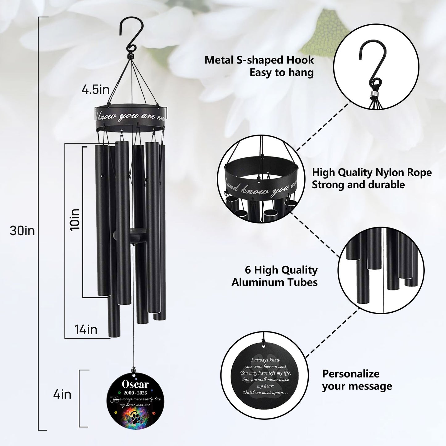 Anodized aluminum pet wind chime with S-hook as a sympathy gift for loss pet