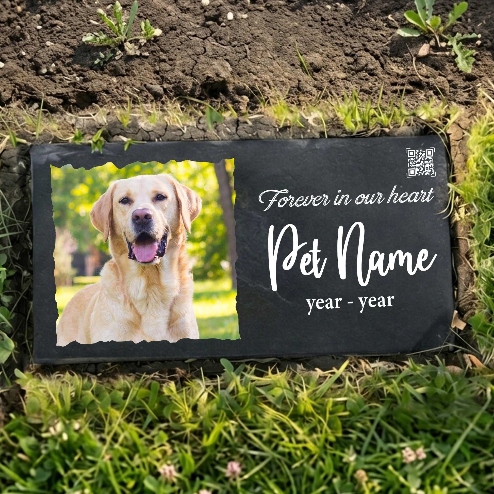 Custom etched black granite headstone with high-detail dog photo