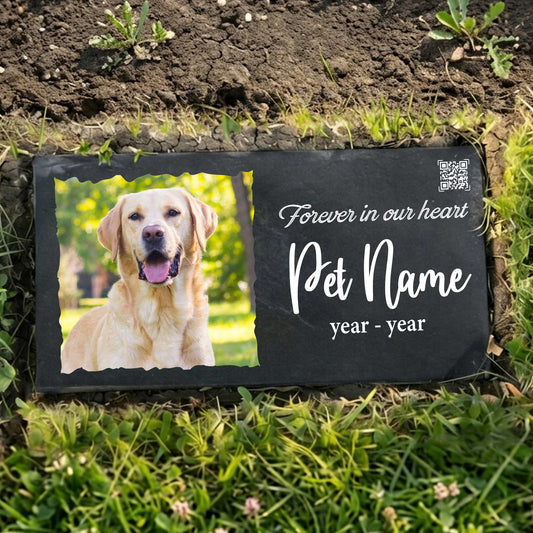 Custom etched black granite headstone with high-detail dog photo