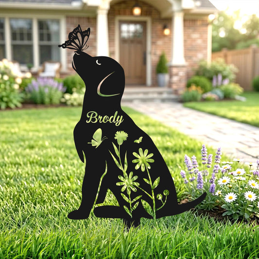 Suburban lawn decoration with floral metal pet memorial sign