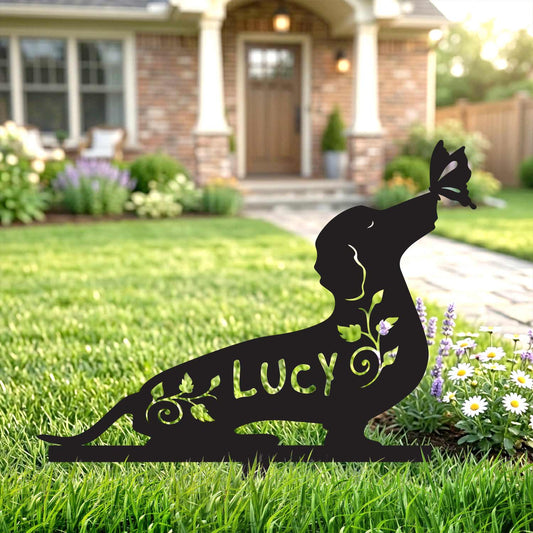 Suburban front garden with metal dachshund shape stake