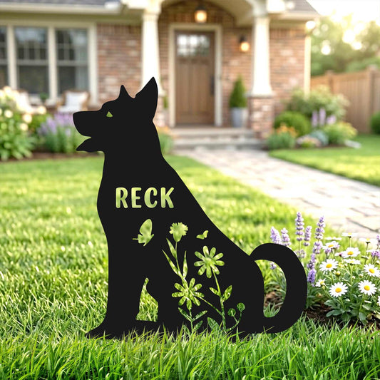 Suburban garden metal pet sign with floral wing design