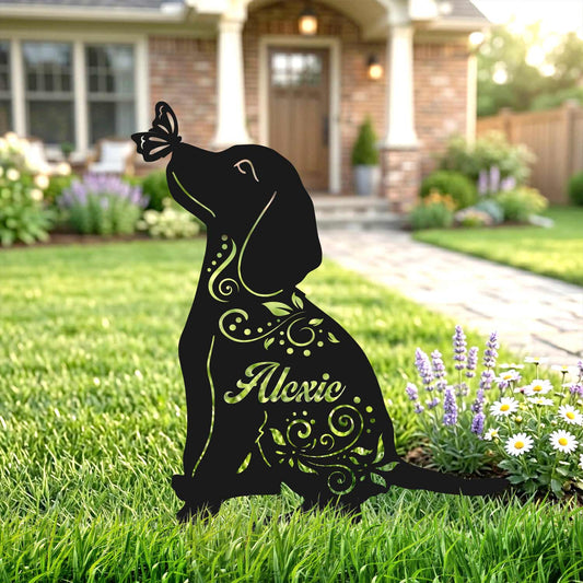 Decorative metal angel stake in a residential garden