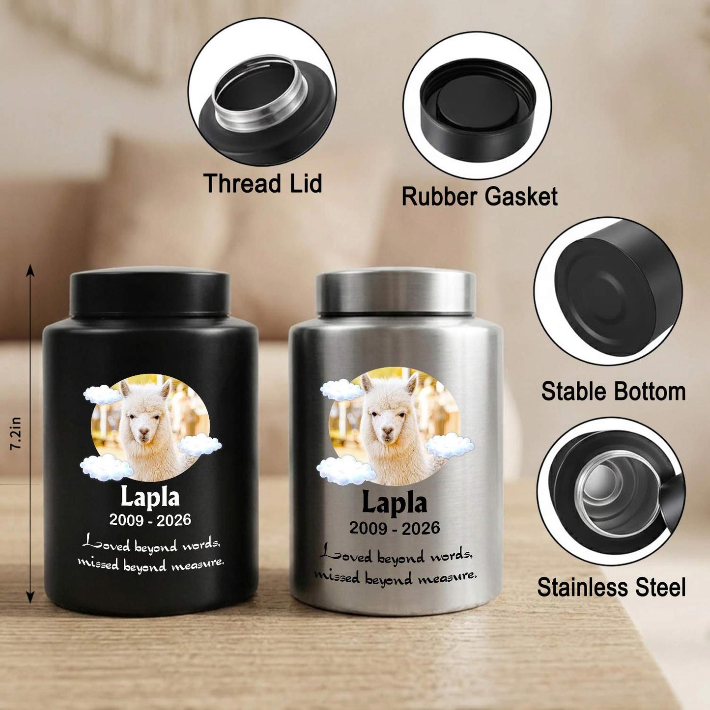 Custom Alpaca Pet Memorial Urn-Personalized Pet Loss Keepsake Ashes Jar-Stainless Steel Cremation Box