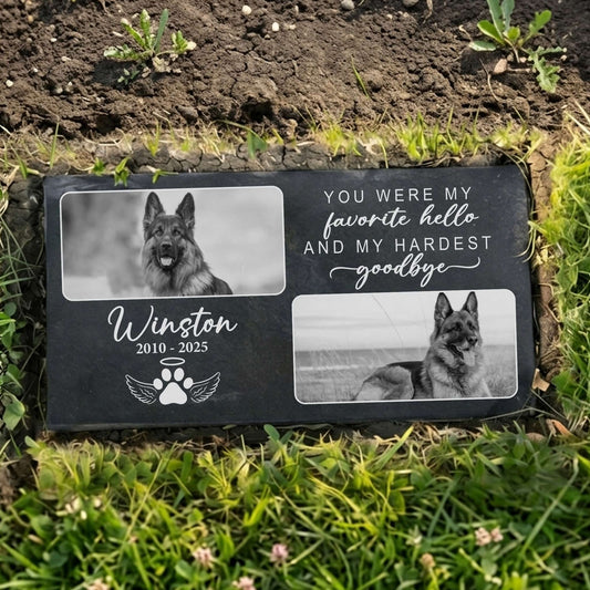 Granite dog grave marker plaque on backyard garden grass