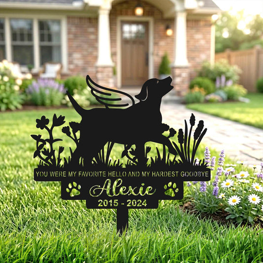 Outdoor metal dog plaque on a green lawn