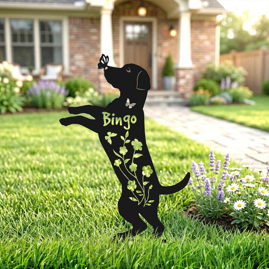 Suburban garden decoration featuring winged dog memorial sign