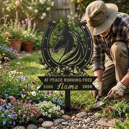 At Peace Running Free Horse Memorial Sign|Custom Metal Horseshoe Garden Stake|Horse Remembrance Plaque US Made