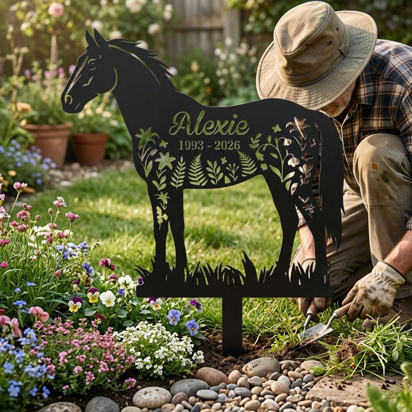Personalized Floral Horse Garden Stake|Custom Name & Year Horse Metal Sign|Elegance Equestrian Art Made in USA
