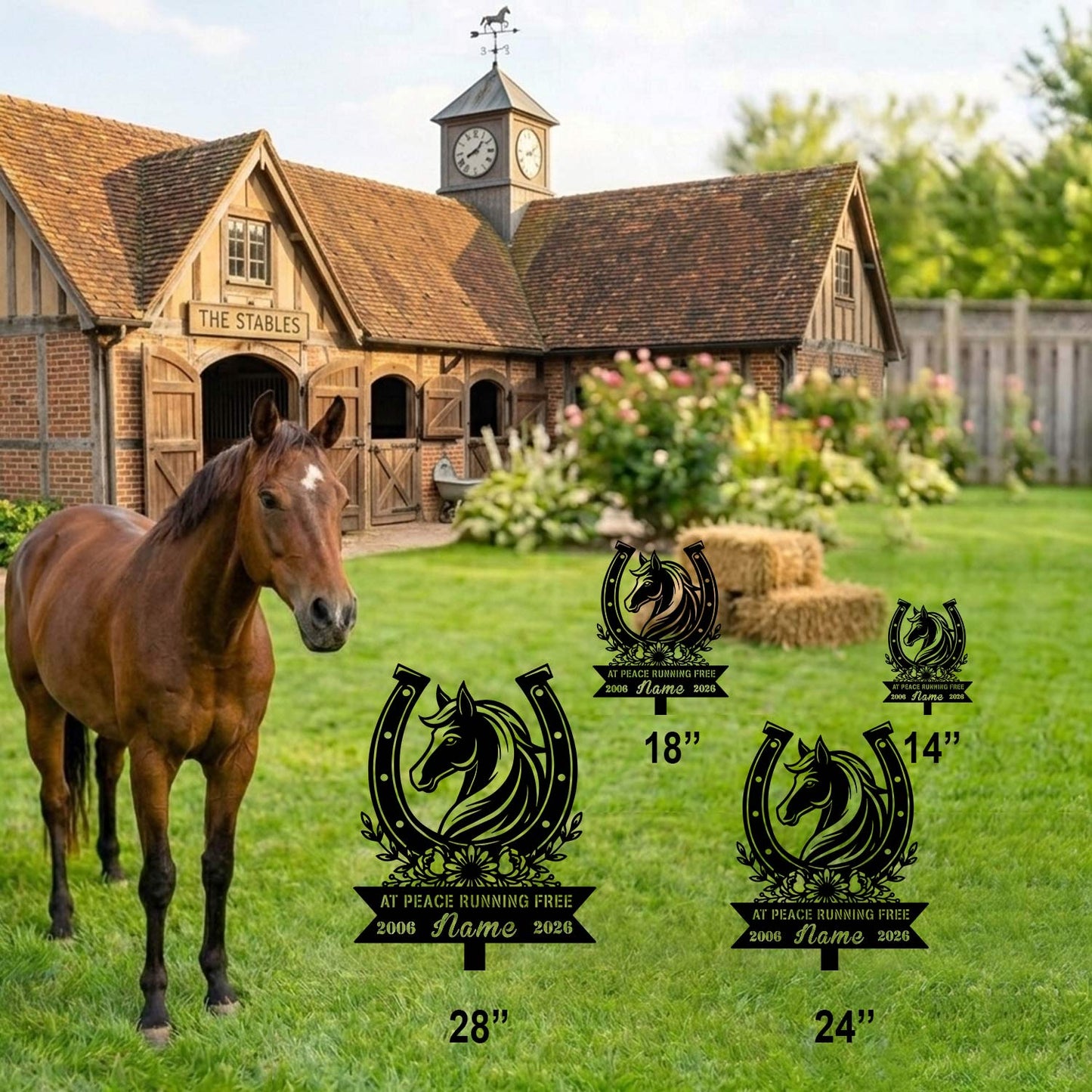 At Peace Running Free Horse Memorial Sign|Custom Metal Horseshoe Garden Stake|Horse Remembrance Plaque US Made