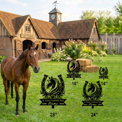 At Peace Running Free Horse Memorial Sign|Custom Metal Horseshoe Garden Stake|Horse Remembrance Plaque US Made