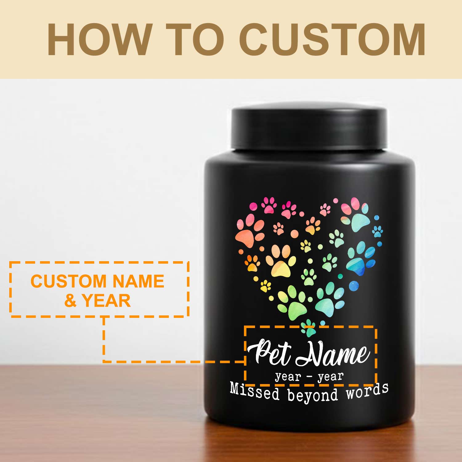 custom name date rainbow paw pet urn for dogs cats