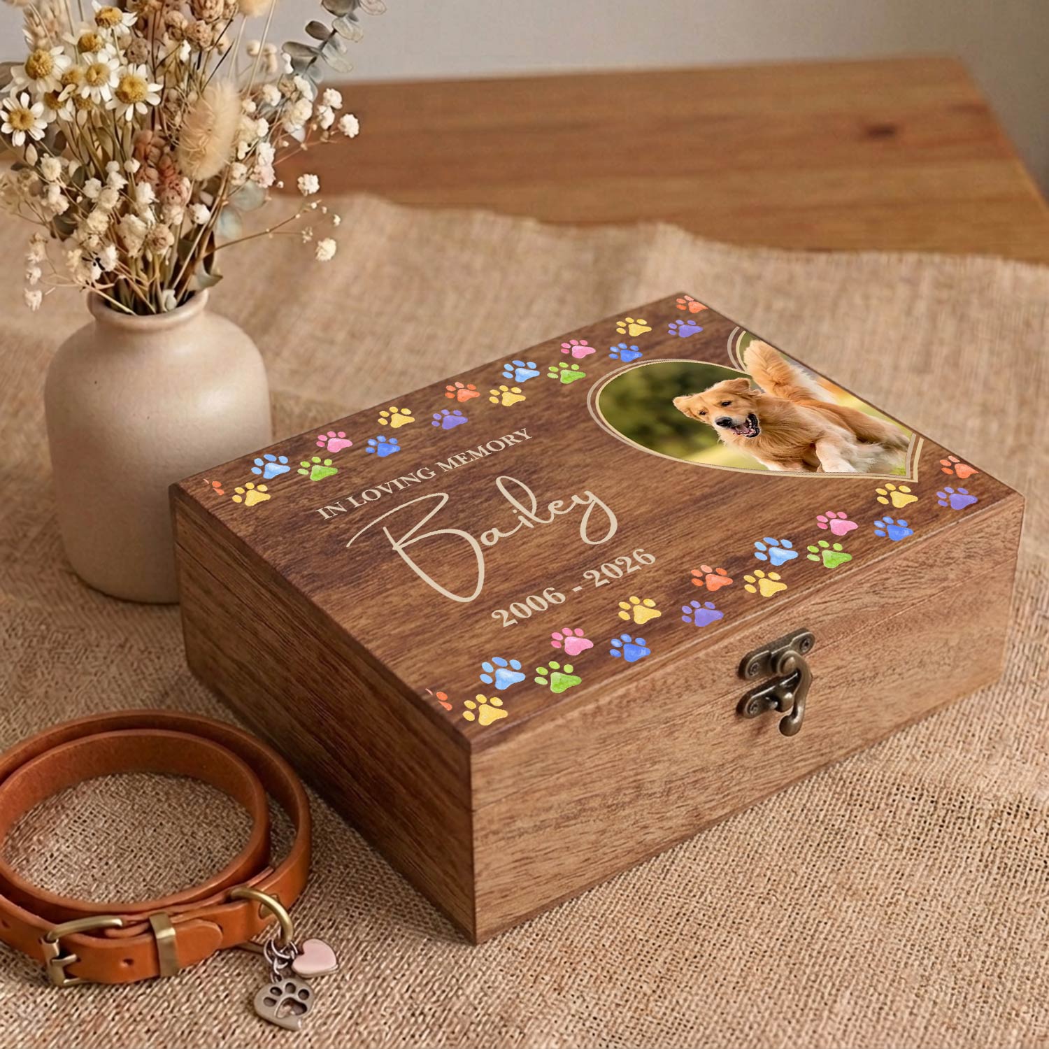 Customized wooden box for pet memorial with photo name and date