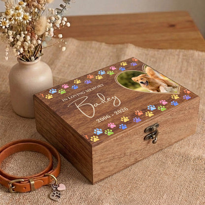 Customized wooden box for pet memorial with photo name and date
