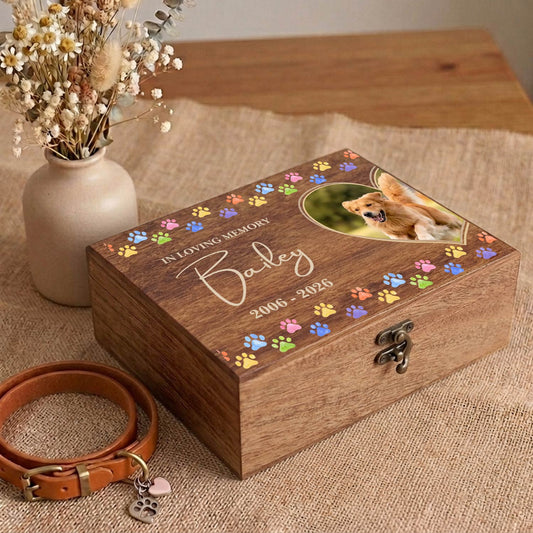 Customized wooden box for pet memorial with photo name and date