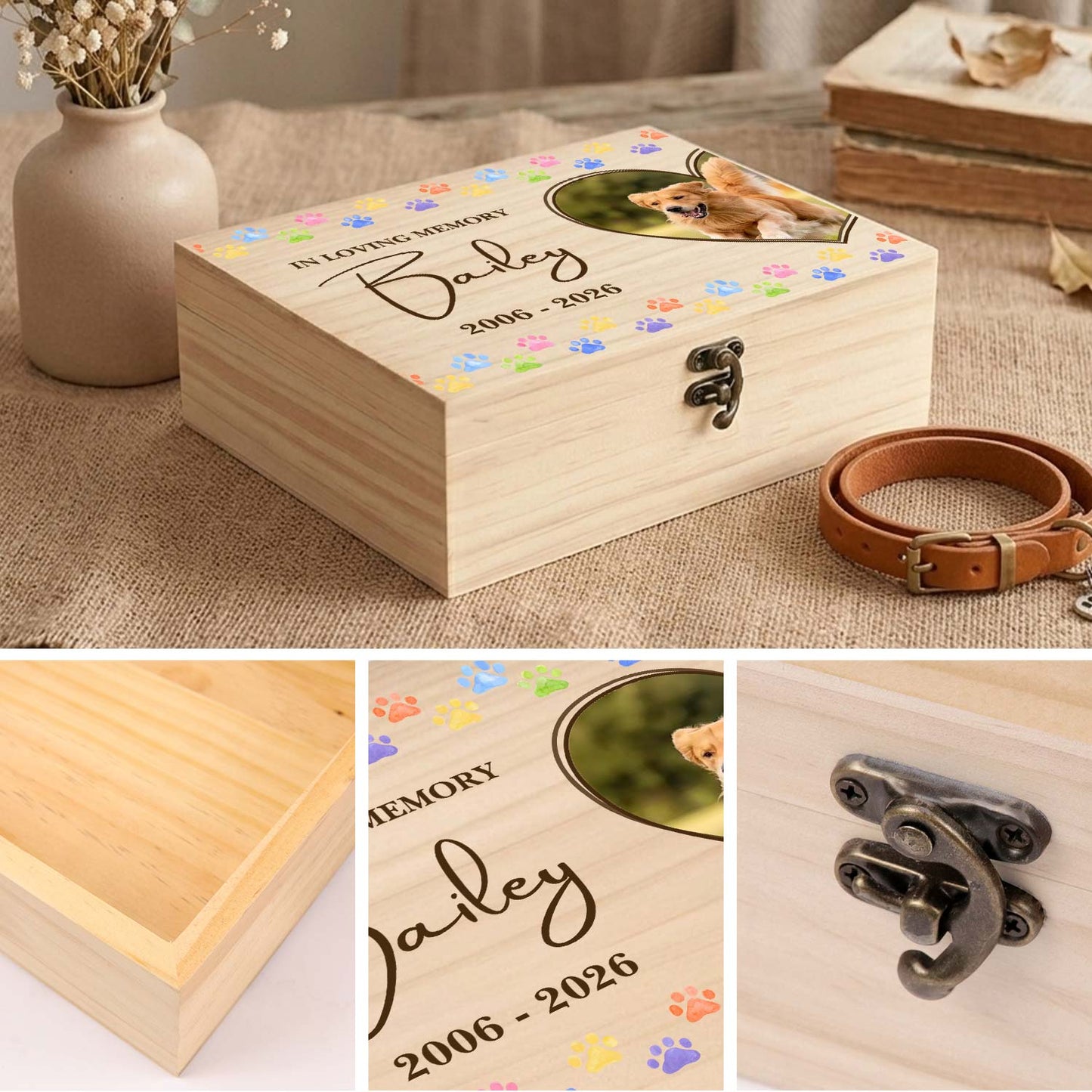 High-quality solid wood boxes for storing pets' toys, photos, name tags, etc