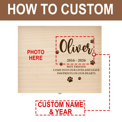 Customized wooden box for pet memory with photos, names and dates
