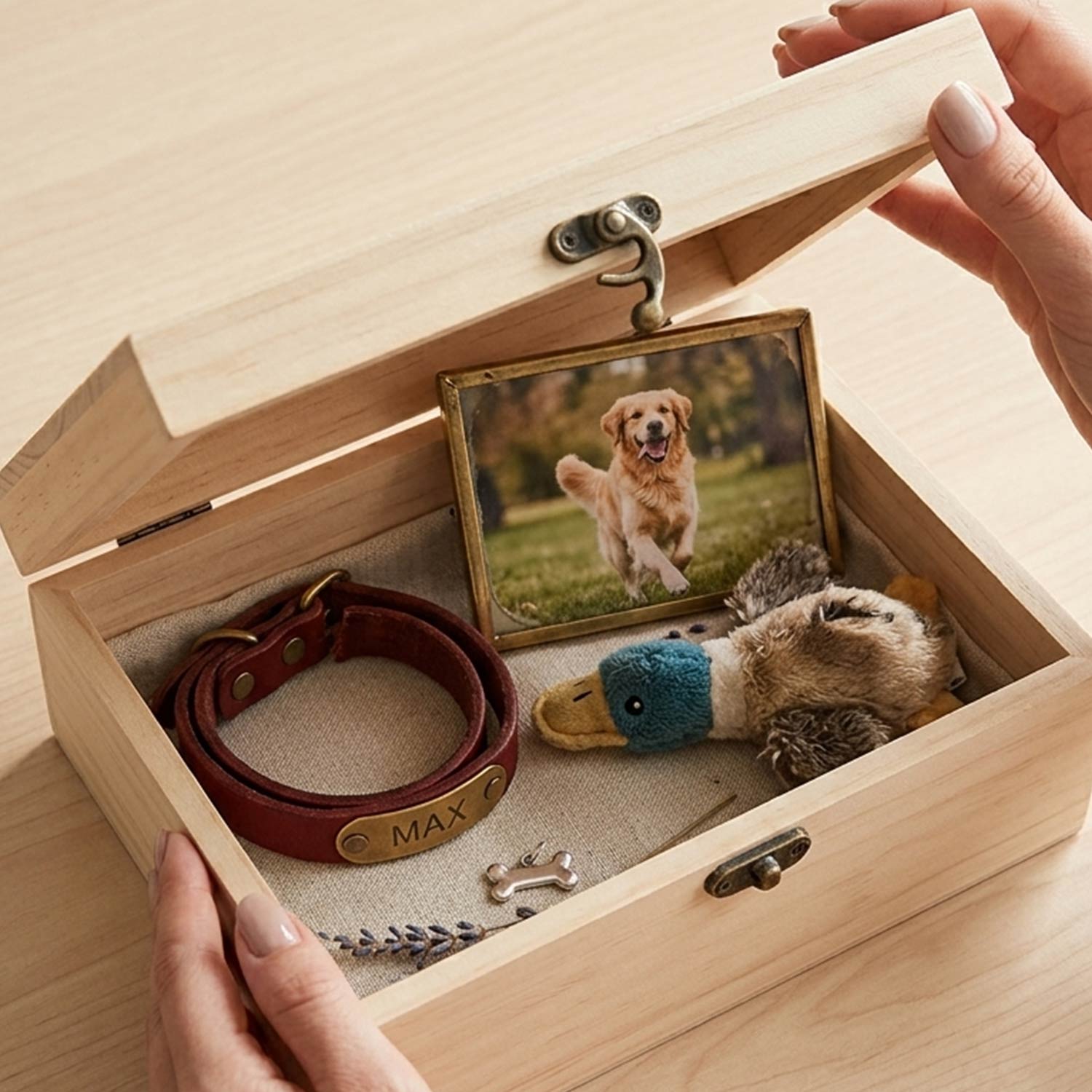 Photo tags storage box for dog and cat toys after their passing