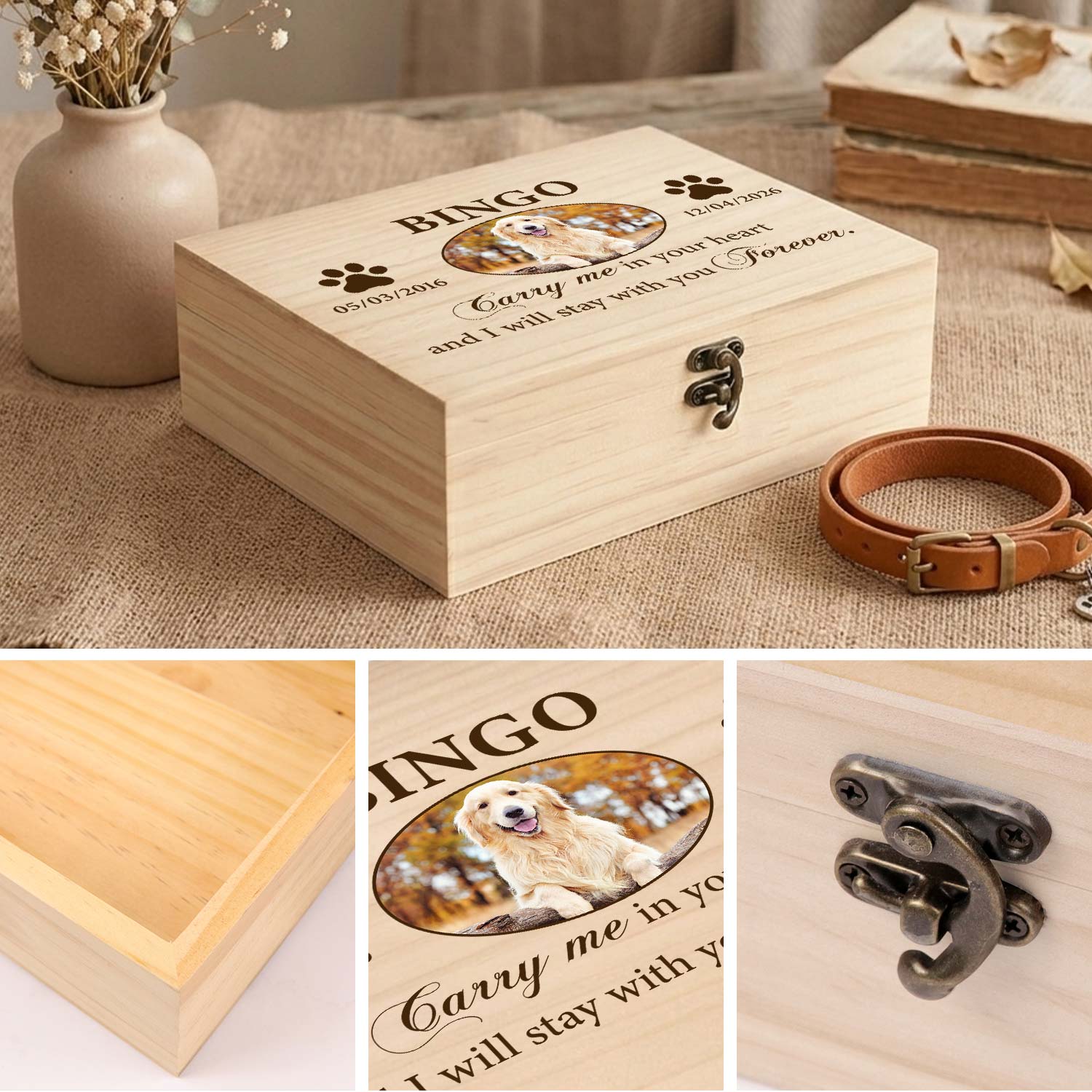 A high-quality solid wood box paired with antique bronze hardware as a gift for dogs and cats that have passed away