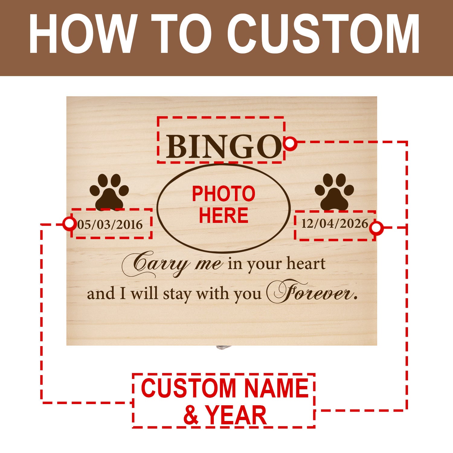 A wooden box with personalized photos of the pet's name, important dates, and comforting words, along with paw-print designs