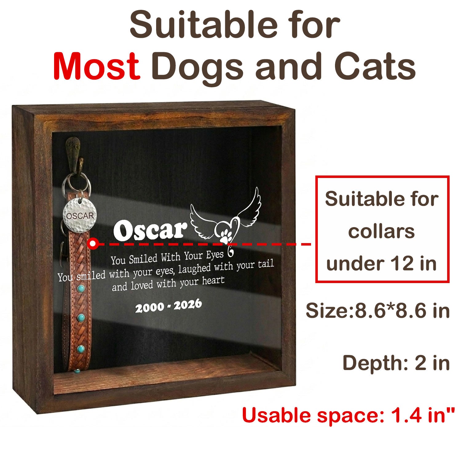 A pet collar with a capacity of 1.4 inches and a photo display box