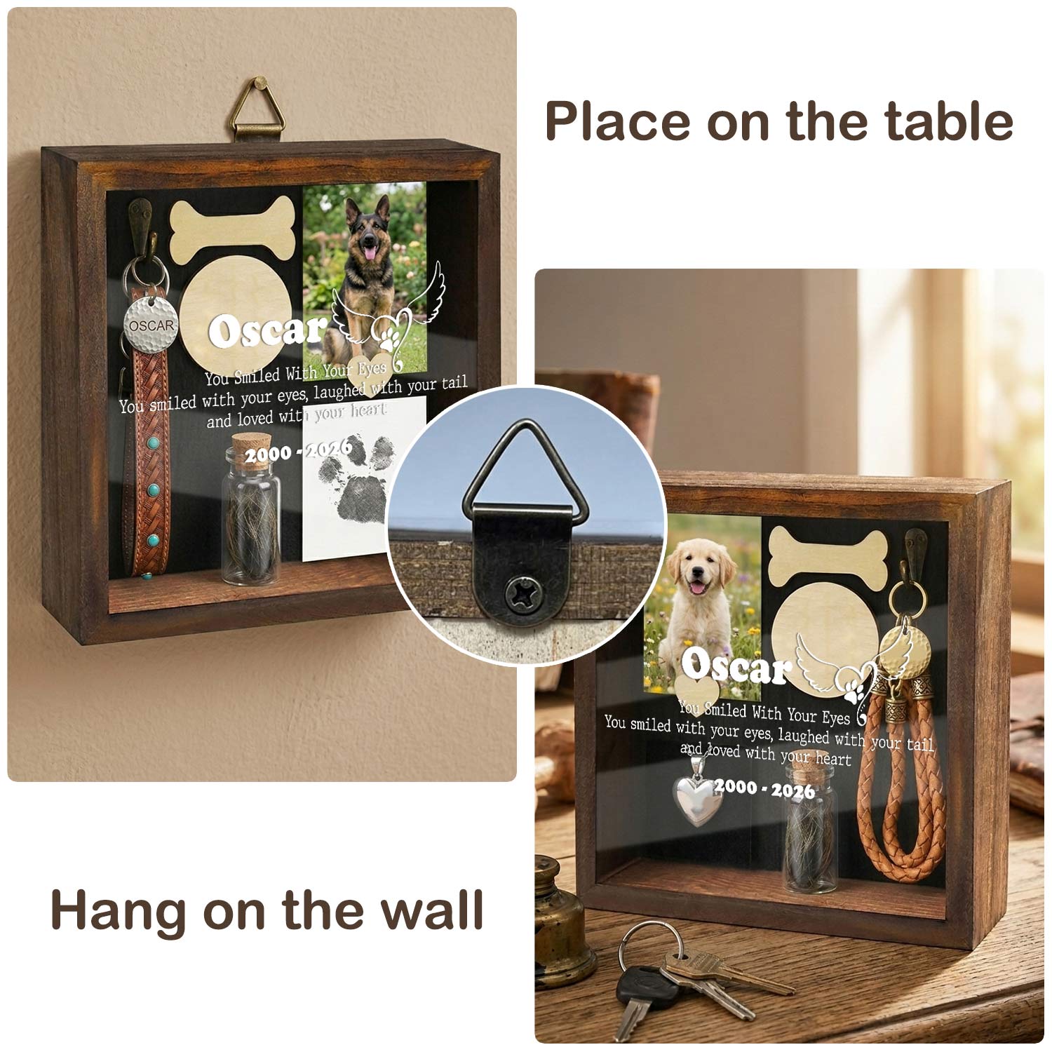 Two types of pet memorial shadow boxes