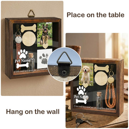 The pet memory shadow box with a pendant can be hung on the wall or placed flat
