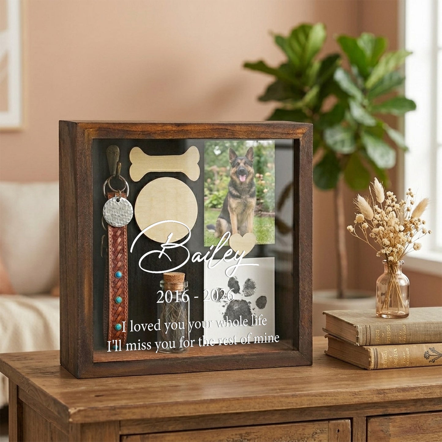 Pet memorial shadow box display photos, collars, hair frames case