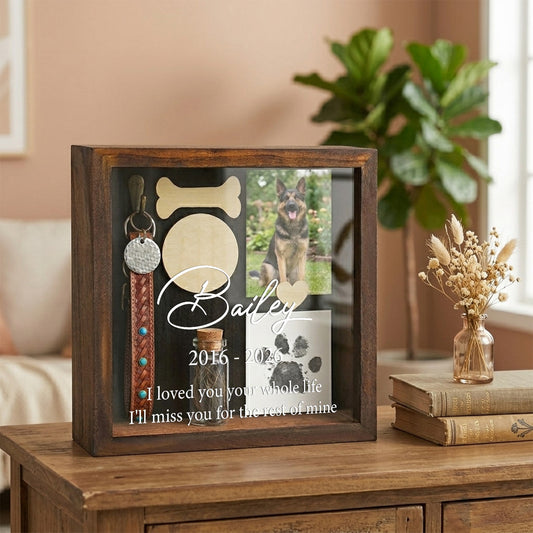 Pet memorial shadow box display photos, collars, hair frames case