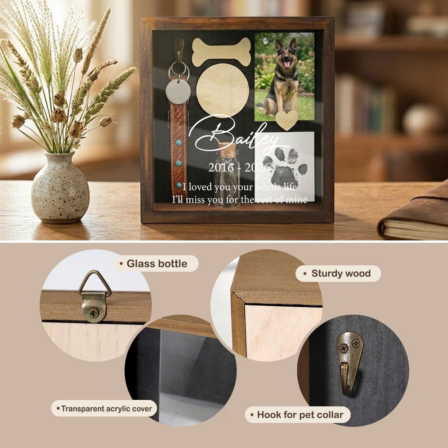 Solid wood walnut-colored dog shadow box, equipped with a collar hook, high transparent acrylic material