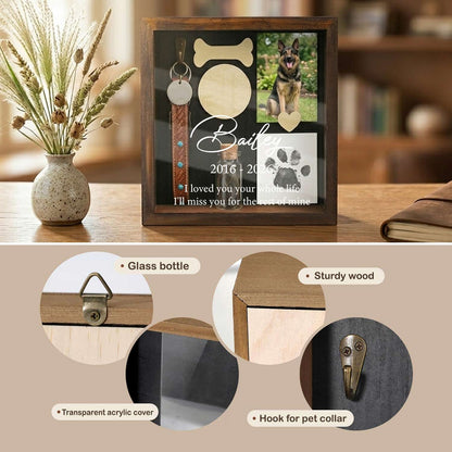 Solid wood walnut-colored dog shadow box, equipped with a collar hook, high transparent acrylic material