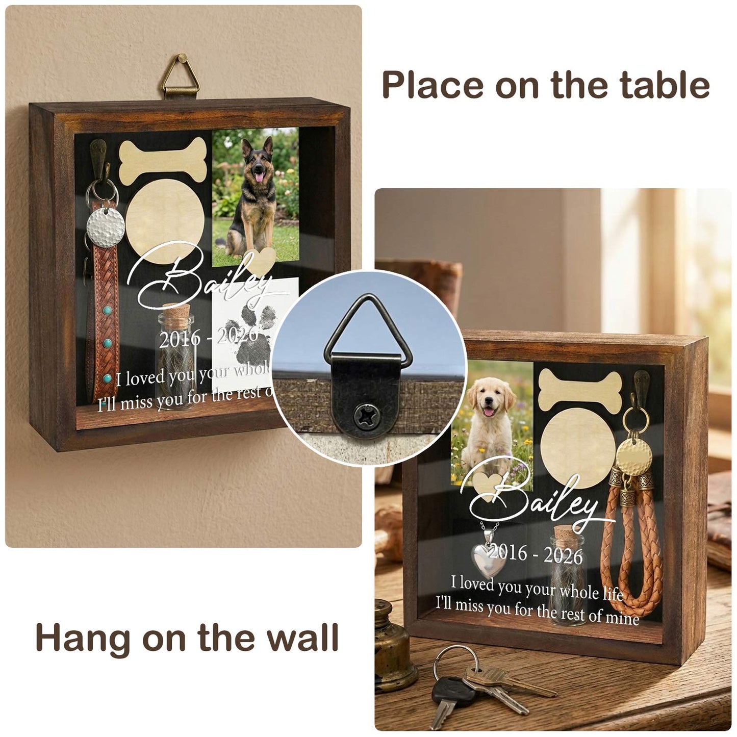 A wall-hanging or flat-standing shadow box for memorial gifts for pet owners who pet passing away